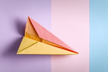 A pastel colored paper airplane on background.