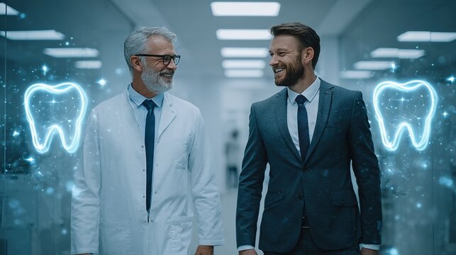 Dentist and Businessman Walking Through High-Tech Dental Clinic Hallway Smiling Together with Large Tooth Holograms Symbolizing Modern Care