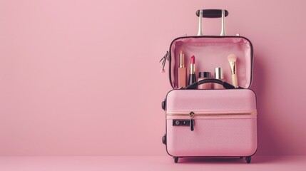 Pink suitcase with makeup brushes and cosmetics on pink background