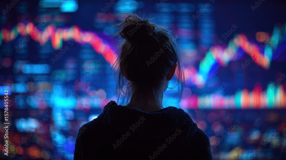 Poster a person analyzing data on a digital screen filled with colorful graphs and statistics.
