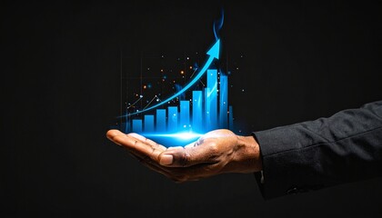 A rising chart in the shape of a blue flame rising above a man's hand on a dark background