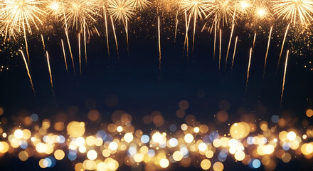 Fototapeta premium Golden fireworks bursting in night sky with bokeh lights in foreground, perfect for New Year, celebration, festival, holiday events, or party background