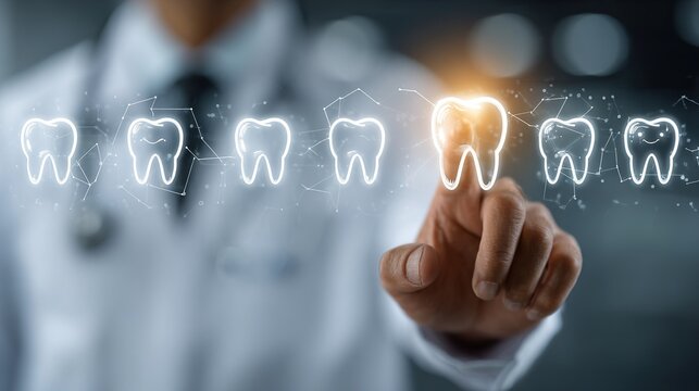 Dentist Selecting Digital Tooth Icon on Virtual Interface, Concept of Modern Dental Care, Diagnostics and Treatment in Clinical Setting