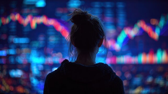 A person analyzing data on a digital screen filled with colorful graphs and statistics.