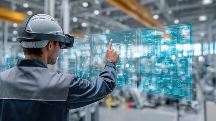 Industrial metaverse interface where engineers manipulate factory digital twin using gesture controls 