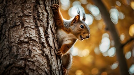 Fototapeta premium Curious Squirrel Climbing Down a Tree in Autumn Forest