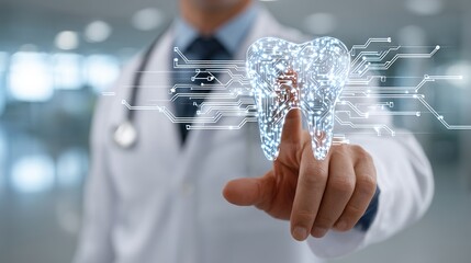 Doctor using advanced virtual interface to examine digital tooth model with circuit-like graphics representing futuristic dental technology