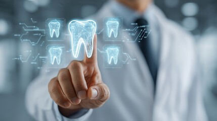 High-tech dental examination with doctor interacting with virtual tooth hologram interface for advanced digital diagnostics and analysis