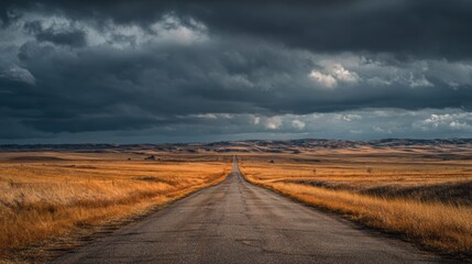 Naklejka premium A scenic road stretches through an expansive golden field under dramatic stormy clouds, showcasing nature's beauty.