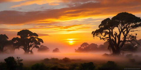 Silhouetted Acacia Trees in Warm Morning Light

