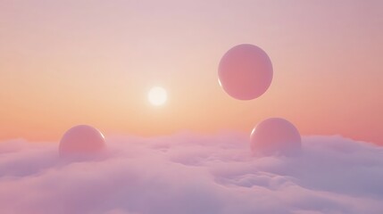 Fototapeta premium Ethereal spheres floating above clouds dreamlike pastel render