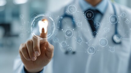 Doctor touching illuminated virtual tooth icon surrounded by medical symbols on futuristic interface representing advanced dental care