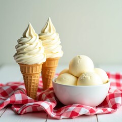 Deliciously creamy soft serve vanilla ice cream in waffle cones with a bowl of ice cream for serving 