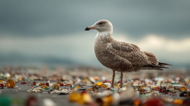 A seagull stands on a beach scattered with colorful pieces of plastic, highlighting pollution and environmental issues.