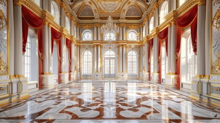 Obraz premium Opulent ballroom interior with marble floors, gold accents and dramatic light