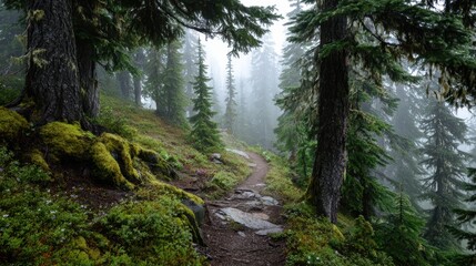 Fototapeta premium A serene forest path enveloped in mist, showcasing lush greenery and towering trees, perfect for nature lovers.