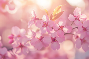 Photograph of peach blossoms. Cherry blossoms blooming. Sakura flowers are representative of Japanese flowers.