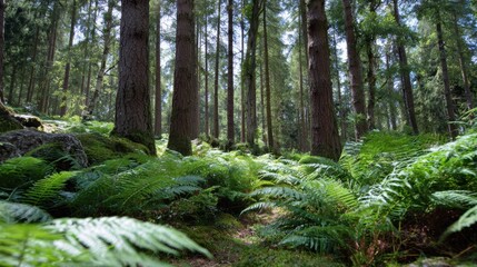 A serene forest scene featuring tall trees and lush ferns, showcasing the beauty of nature and tranquility.