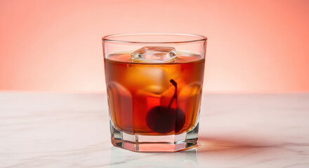 Classic whiskey cocktail with large ice cube and cherry garnish on marble surface against pink background