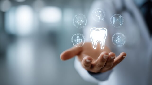 Doctor presenting glowing virtual tooth icon with medical symbols on screen representing advanced dental care and healthcare technology