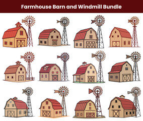 Farmhouse Barn and Windmill Illustration Set with Red Roofs and Wood