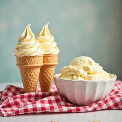 Deliciously creamy soft serve vanilla ice cream in waffle cones with a bowl of ice cream for serving 