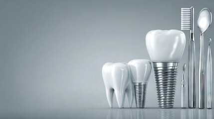 Dental implants, tooth models and tools on reflective surface representing modern oral healthcare, hygiene and professional dentistry