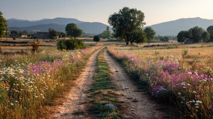 Obraz premium A serene pathway lined with vibrant wildflowers leads through a peaceful countryside, surrounded by mountains.