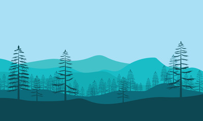 beautiful blue mountain landscape with silhouette pine trees and soft mist natural background