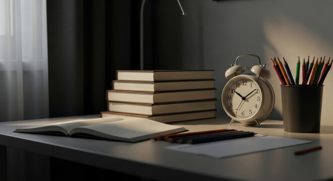 Cozy minimalist study desk with vintage alarm clock, stacked books and colored pencils in soft natural morning light
