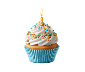 A cupcake with sprinkles and one candle isolated on a transparent background