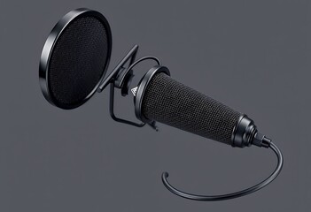 Black studio microphone with pop filter and cable audio equipment