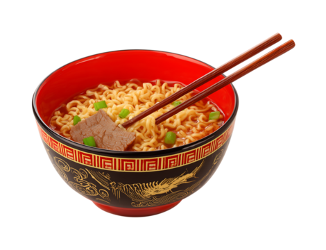 A bowl of noodles with pieces of beef, green onions in a red bowl isolated on a transparent background