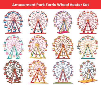 Colorful Ferris Wheel Set Amusement Park Ride Illustrations for Design