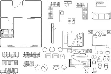 Master Bedroom Suite Floor Plan with Walk-in Closet and Bathroom – Empty Frame and Furniture Blocks (2D AutoCAD Vector)