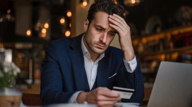 A stressed businessman examines his credit card while working on a laptop in a cozy cafe.
