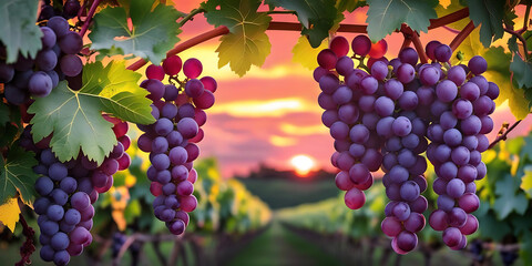 Bountiful Grapes Among Green Leaves at Dusk

