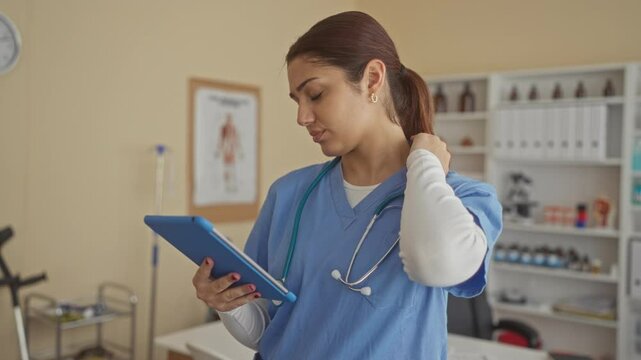Hispanic woman nurse in blue scrubs holds neck in discomfort while reading a tablet in a clinic room filled with medical tools and anatomy charts.