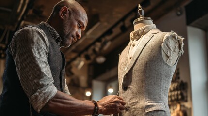 A tailor carefully designs a bespoke suit, showcasing craftsmanship and attention to detail in a stylish workshop.