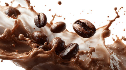 A splash of milk with coffee beans floating in it