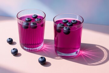 Refreshing blueberry beverages, vibrant and magenta, offer a healthy hydration choice under summer sun, appealing to both organic diets and aesthetic tastes.