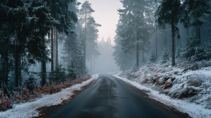 A tranquil winter road surrounded by snow-laden trees, invoking a sense of peace and adventure.