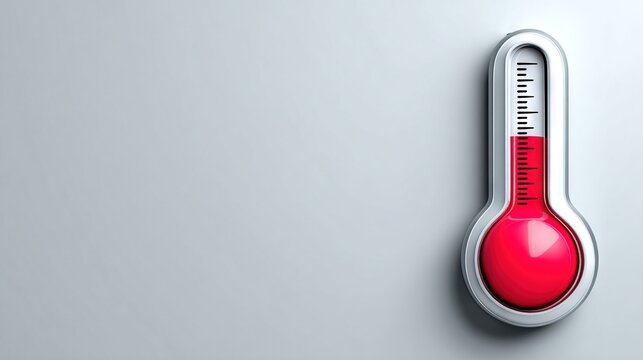 Red medical thermometer with high temperature reading on clean gray background representing healthcare monitoring and fever detection