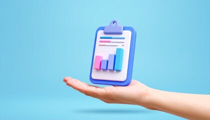 3D clipboard + graph combination icon floating above a hand