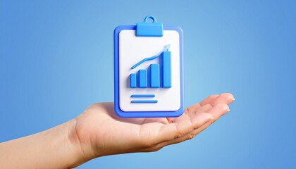 3D clipboard + graph combination icon floating above a hand