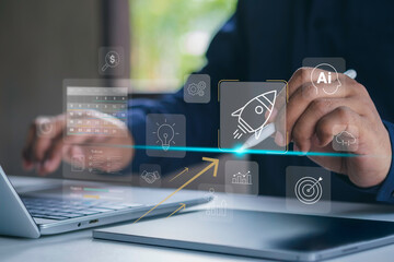 Rocket launching from dashboard with business icon, Start-up, Creativity, Big idea, Business goals management, Investment on new project to wealth, Company strategy target, Sustainable financial plan