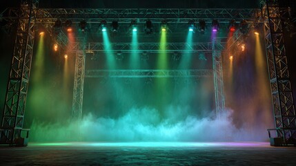 A vibrant stage lights setup creates a colorful atmosphere for performances, enhancing the excitement of live events.