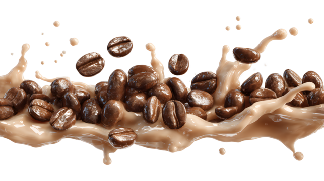 A splash of milk with coffee beans floating in it