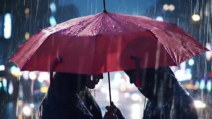 Couple in Silhouette Under Red Umbrella in Heavy Rain with City Lights At Night for Adobe Stock Photo Use - Powered by Adobe