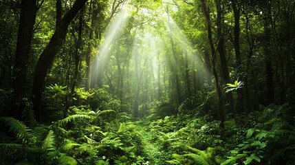 Obraz premium Forest Sunlight Rays Tropical Nature Scene